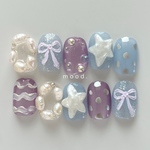 【リボン×パール×くすみブルー】星降る夜の大人可愛いネイルチップ