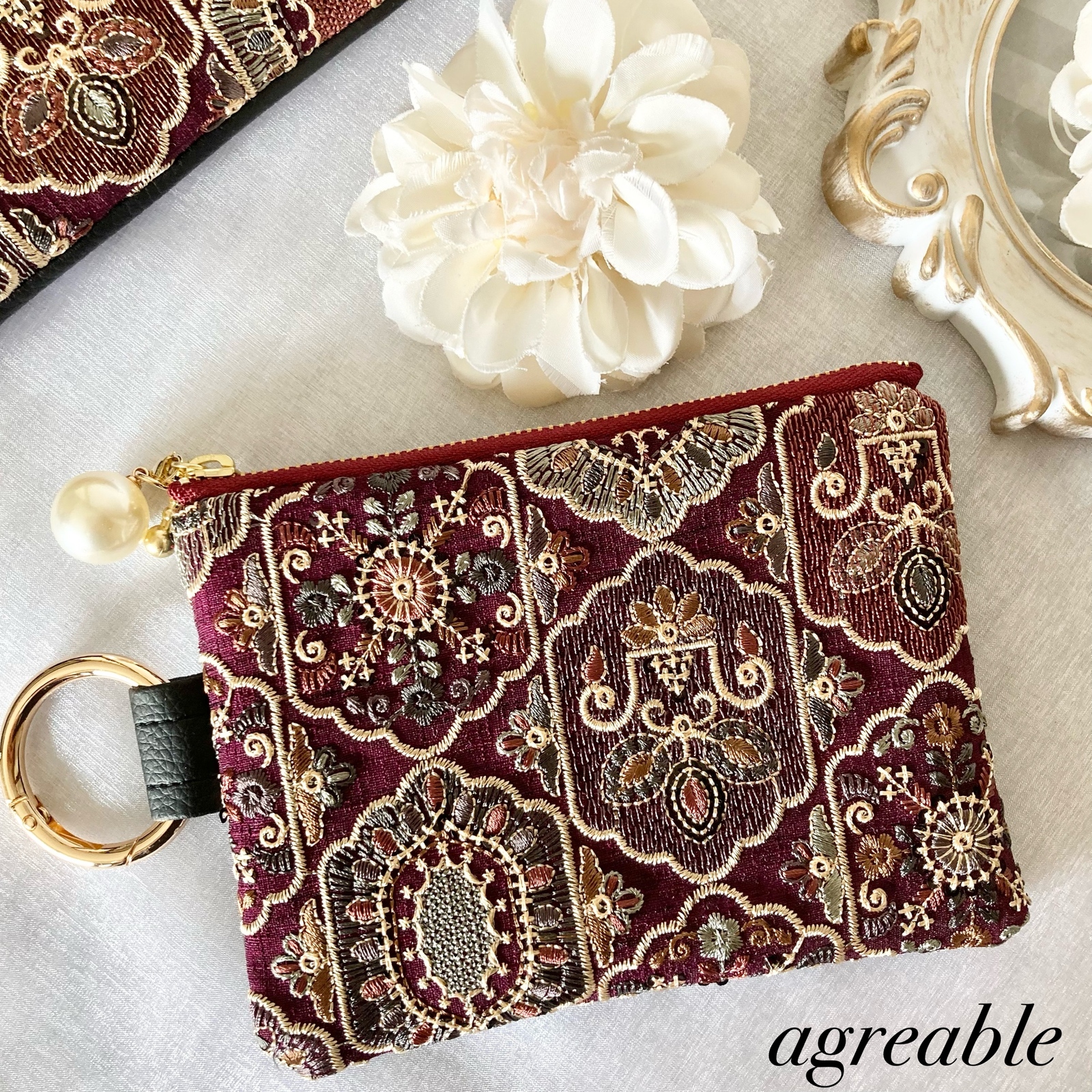 インド刺繍生地　ポーチ No.099 インド刺繍生地 14㎝ファスナーポーチ カラビナ付