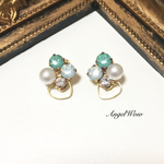 P107G sonwグリーンハート・ビジューとパールのイヤリング/ピアス 結婚式/お呼ばれ/ブライダル/ウェディング/クリスマス