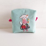 ふわふわワンコとアイスクリームのほのぼのポーチ（ボックス型ファスナーポーチ、犬、刺繍、リネン、麻）