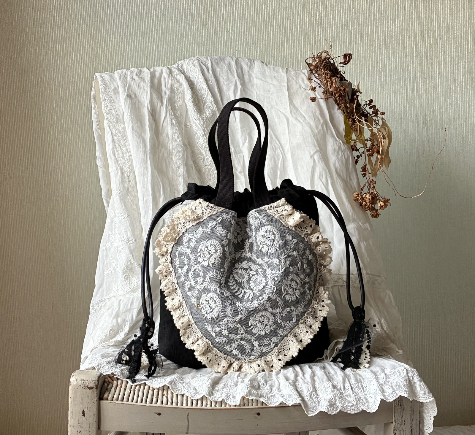 フランス*アンティークリネン*手刺繍*モノグラム*love & ecoかご