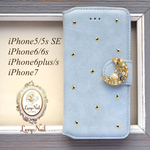 【iPhoneX・8・7・6/6s・5/5sSE】パールビジューお月様☆ムーンスターが煌めくブルーグレースエード調手帳型