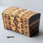 ドイツから 鍵付きの総柄の木箱 ウッドボックス 什器 おしゃれ収納 ジュエリーボックス 小物入れ キャニスター ヴィンテージ アンティーク_250825 ig4597