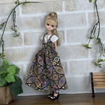 NO,568リカちゃん服  万華鏡　ステンドグラス　サロペットスカート(ブラウン)   ホワイトフレンチブラウス　秋のオシャレコーデ　リアルクローズ