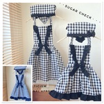 ♦︎Sugar Chec♦︎  こどもエプロン＆三角巾(白黒チェック) 【サイズ、裾フリル、三角巾のデザインを選べます】#しわになりにくい