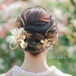 ドライフラワー 髪飾り ヘアアクセ ヘッドドレス  成人式 結婚式  ヘッドドレス 花冠 成人式髪飾り 着物髪飾り 婚式  袴 水引 結婚式髪飾り 着物 前撮り ホワイト　ゴールド
