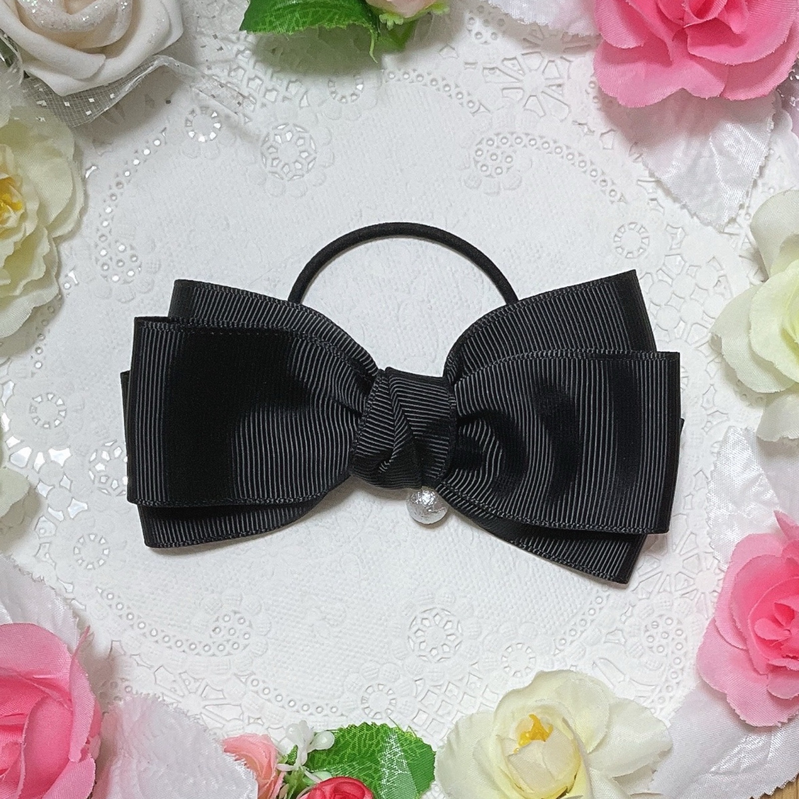 チャーム と パール 付き 大きい たらりん リボン ヘアゴム ヘア