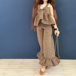 チェックビスチェ+パンツセット　ブラウン　裾フリル　22cmドール ドール服　ピュアニーモ