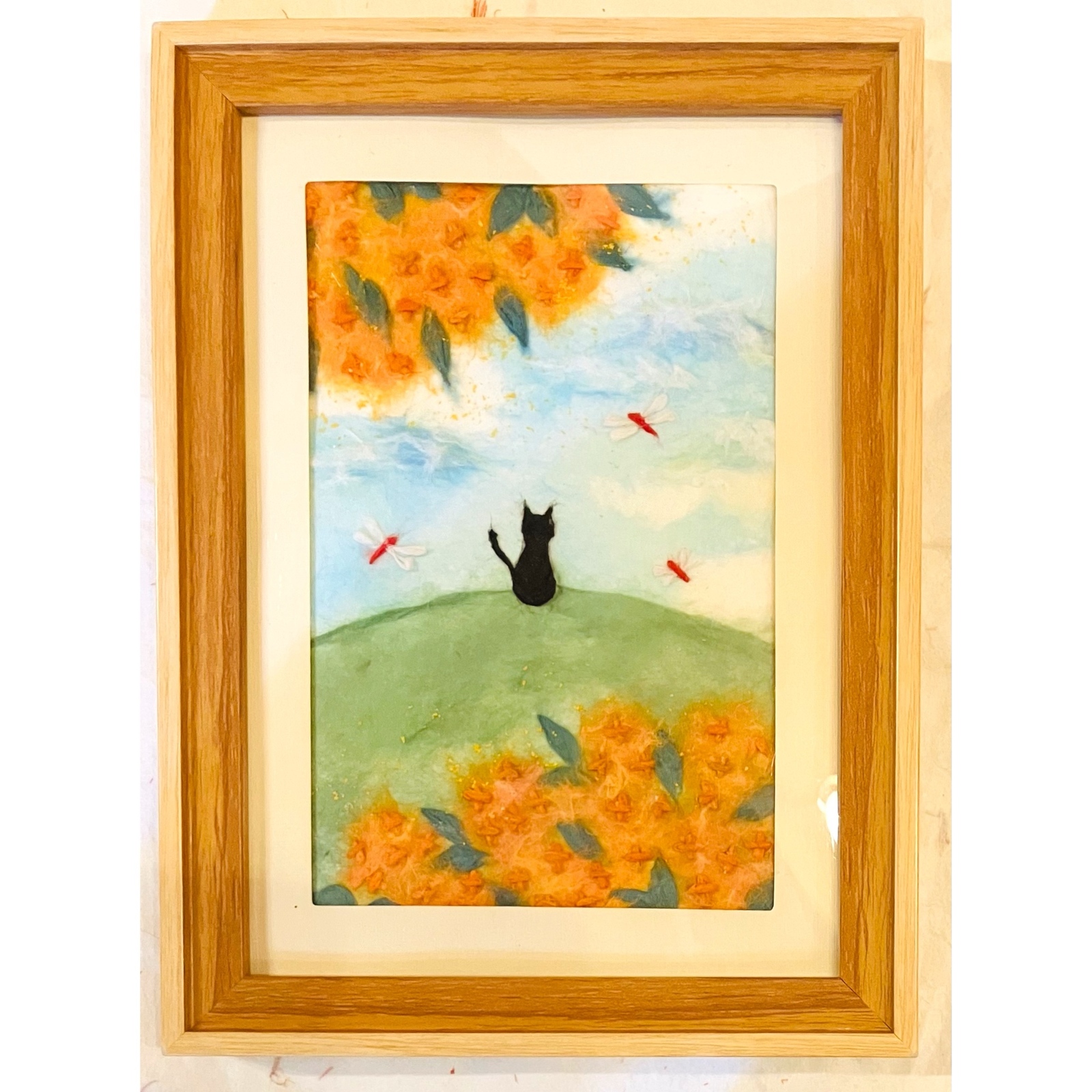 和紙ちぎり絵原画『からすうりと杉の葉』P10号横(530×410mm) 和紙ちぎり絵『奥入瀬渓流』葉書サイズ原画 - 和紙ちぎり絵-彩紘