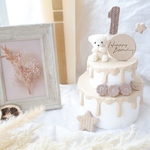 autumn･:*+.くまさんの2段ベージュクレイケーキ☆ハーフバースデー誕生日ケーキ　誕生日ケーキ　記念日　自宅撮影　1歳以外でも承ってます♪
