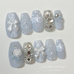 水色ネイル l アイスブルーネイルl ワンホンネイル l ガーリーネイル l リボンネイル l ハートネイル l 薔薇ネイル l ネイルチップ l ネイル