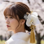 成人式　＆　結婚式　タッセルリボン胡蝶蘭髪飾り　イエローゴールド　　成人式髪飾り　結婚式髪飾り　卒業式髪飾り　卒業式　水引き　　袴　和装　ウェディング　ヘッドドレス　紐アレンジ　七五三