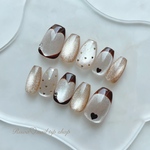 【9月限定】Risoaスペシャルデザイン　No76   ネイルチップ　大人可愛い   ハートネイル♡  ベージュ&ブラウン　マグネットネイル