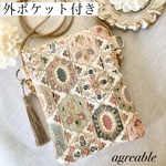 《再販》💐【外ポケット付き】 インド刺繍　インド刺繍スマホポシェット　インド刺繍ポシェット　インド刺繍ポーチ　ギフト　母の日　フェイクレザー　ショルダーチェーン又はワックスコード選択