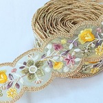 【50cm】【55mm幅】【グリーン】インド刺繍リボン　くすみカラー　 フラワー　花柄　レトロ　フラワー　太め　手芸　R119-4