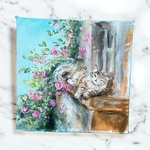 窓辺の猫の絵（8×8㎝）　小さい絵　ミニアート　ミニキャンバス画　アクリル画