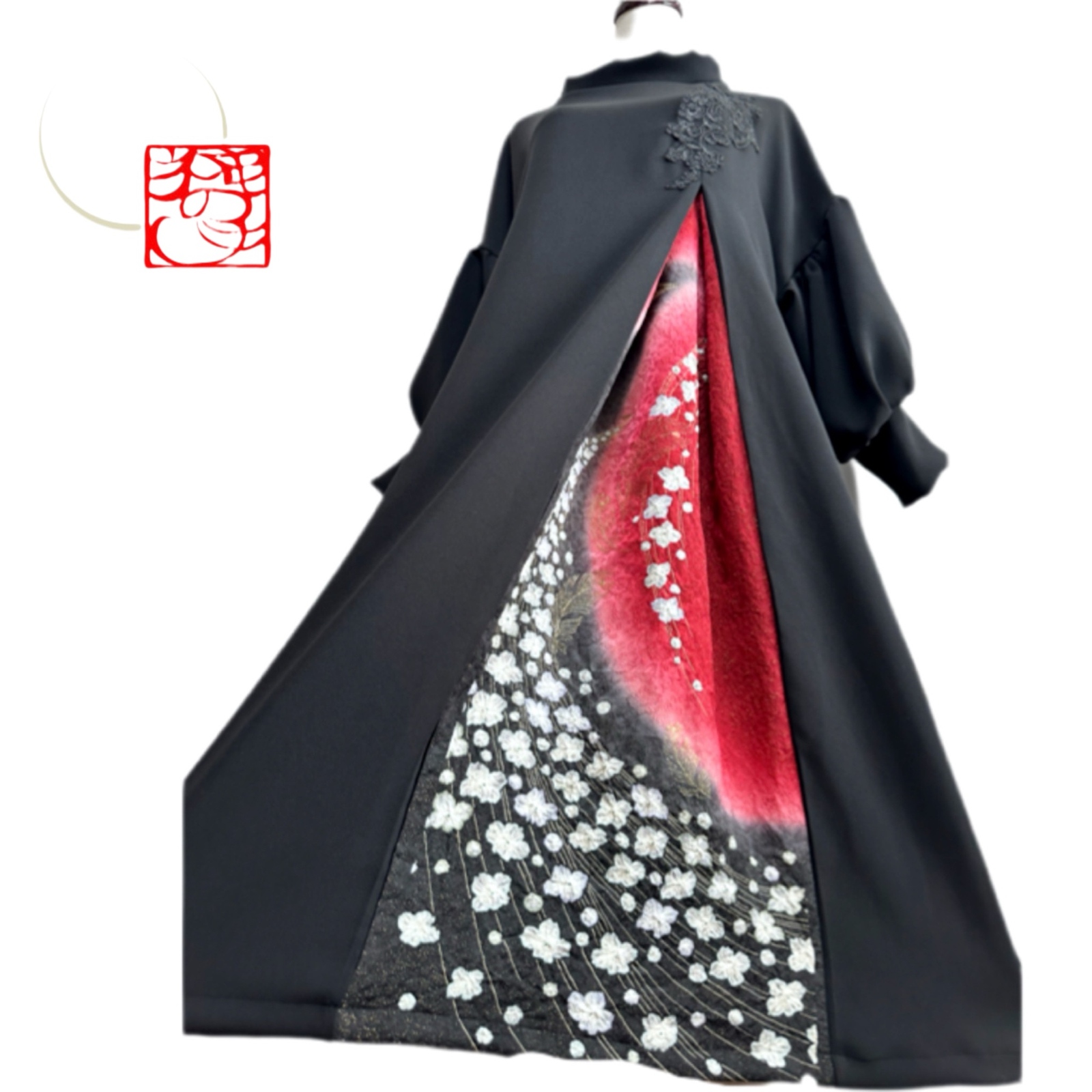 振袖　着物リメイク　ドレス　黒×大輪牡丹　和柄　ワンピース　ハンドメイド 振袖 着物リメイク ドレス 黒×大輪牡丹 和柄 ワンピース ハンドメイド
