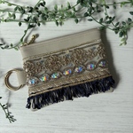 カードサイズ・インド刺繍リボンフラットポーチ・ベージュ②ギフトにも