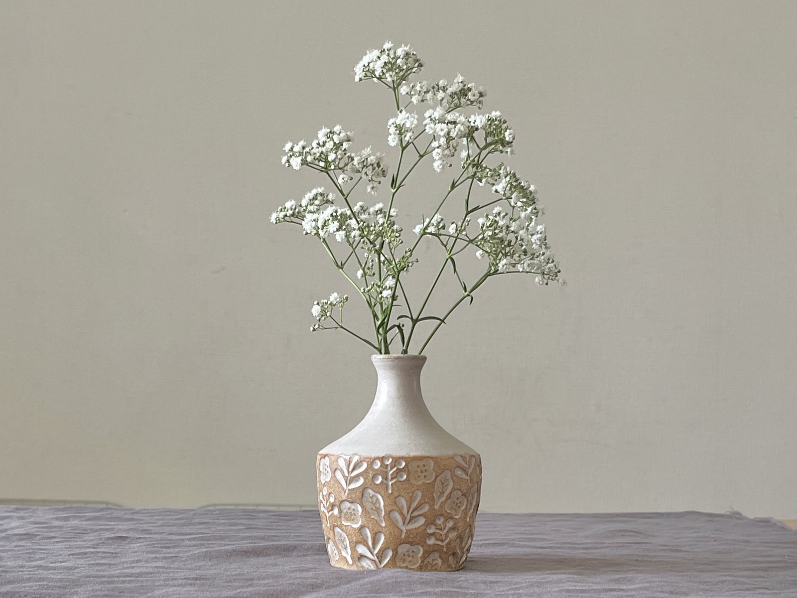 「陶器の花瓶　一輪挿し　北欧ナチュラル　印花模様　フラワーベース」
