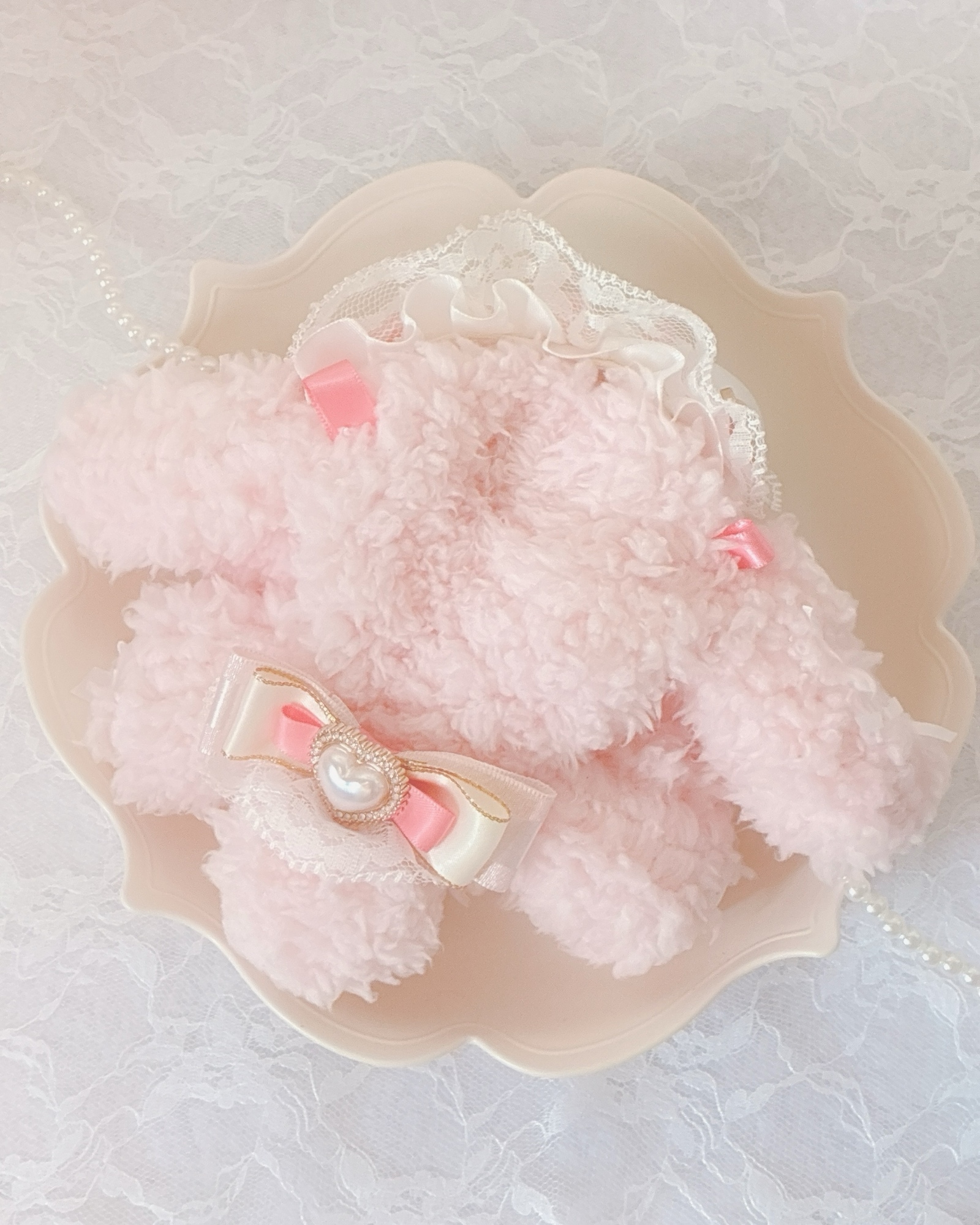 【約10cm 】手が動く♡肉球おすわりぬい服 ホワイト×ピンク 垂れ耳うさぎ 約10cm 】手が動く♡肉球おすわりぬい服 アンティークピンク