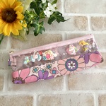 ラミネート スケルトン歯ブラシポーチ　レトロフラワー柄　ペンケース　歯ブラシケース　ピンク