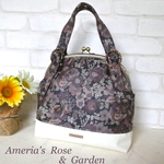 大きめ がま口 バッグ リバティ ラミネート Ameria's Rose＆Garden 　持ち手の長さ調節可 ♪ 