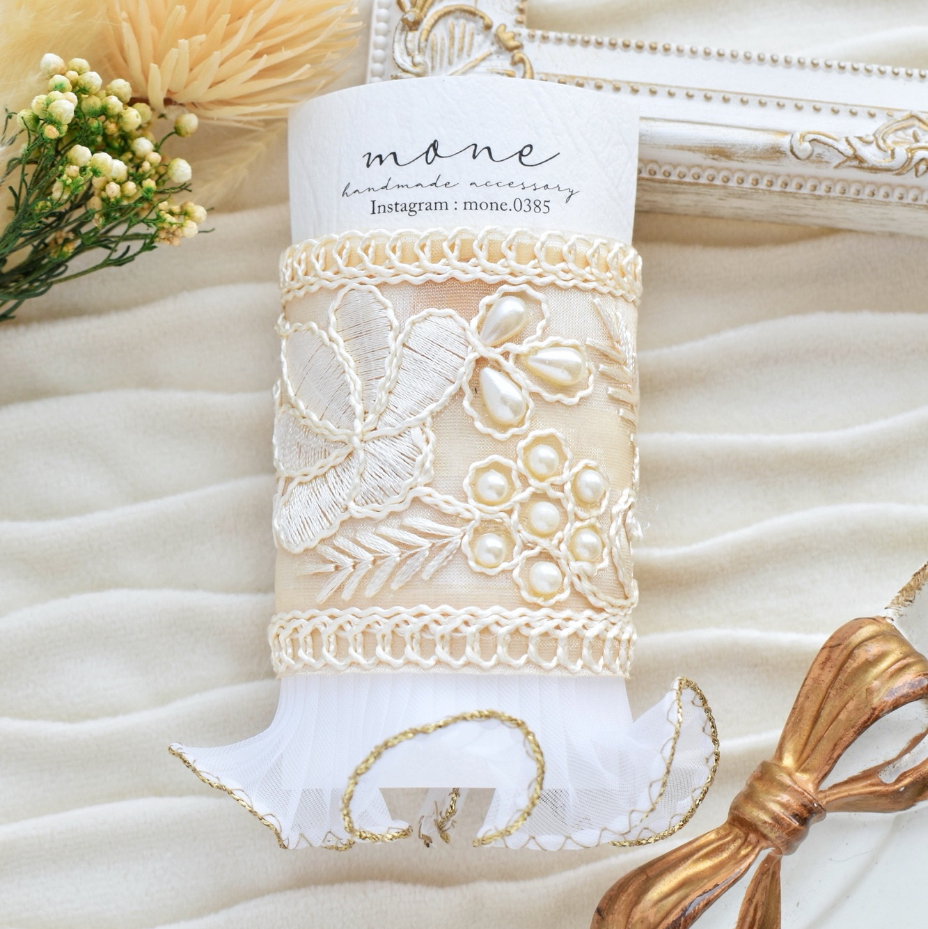 インド刺繍リボン インド刺繍 ポニーフック ホワイト 白 パール