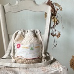 秋冬*アンティークリネン＊巾着かごバッグ＊ショルダー＊手刺繍＊レース