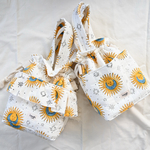 再再再再再販⭐︎ ブロックプリント　2wayフリル巾着バック⑥ ショルダーバッグ　ハンドバッグ　ムーンサイクル　太陽　マルシェバッグ