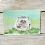 アクアマリンの空とハリネズミ　【水彩画・原画】