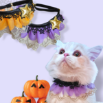 ハロウィンフリルレースおめかしスタイ首輪首飾り/刺繍レース星モチーフ/パープルオレンジ/アジャスター調節/小型犬ウサギ猫