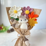 新作 りすさんの秋のお散歩 ブーケ 花束　コスモス　かぎ針編み 枯れない花束　毛糸 プチギフト　花 プレゼント 　インテリア　あみぐるみ かぎ編み 手編み 編み物 秋ギフト　敬老の日　アニマルブーケ