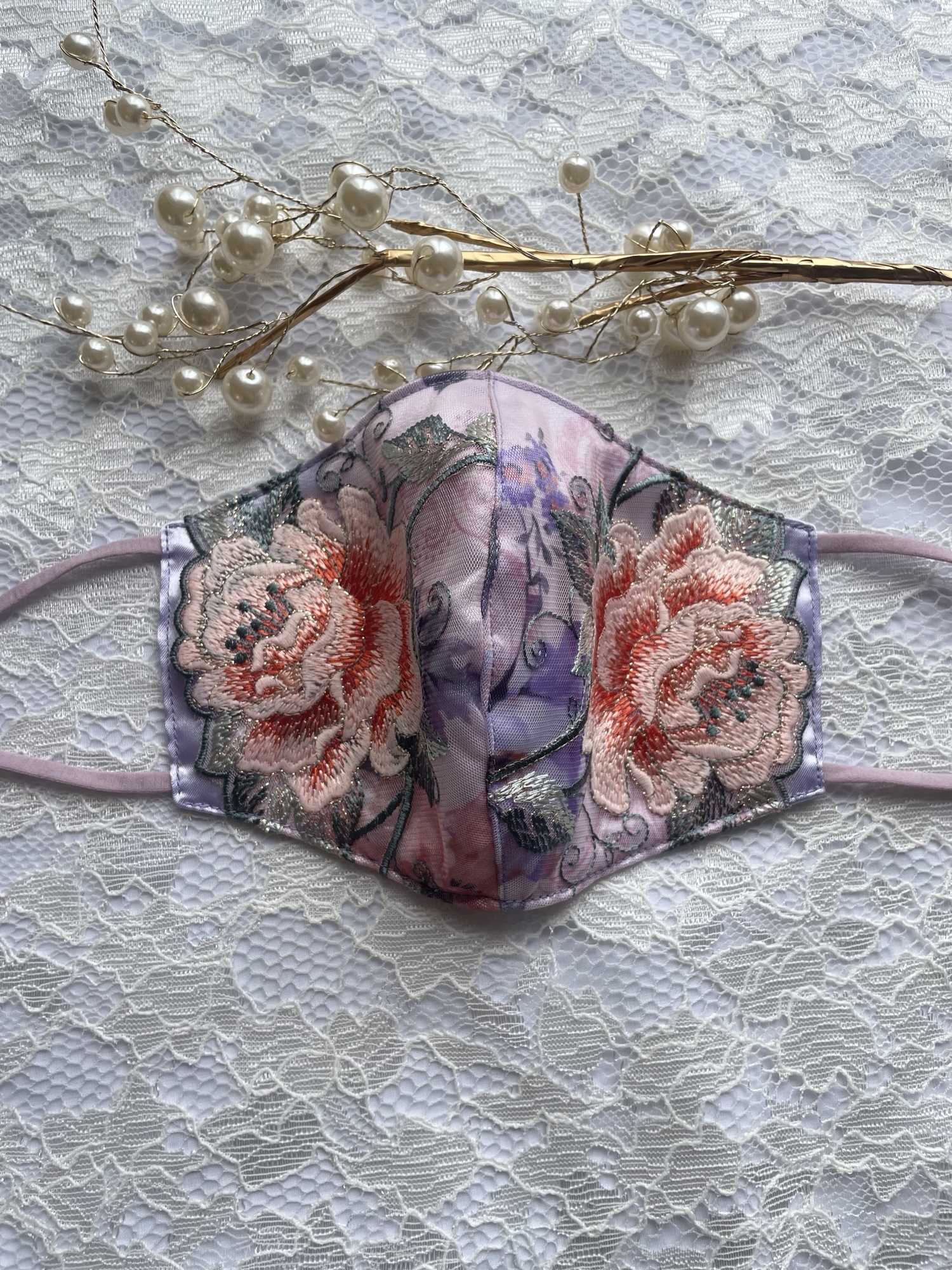 再販♡『刺繍レースマスク』大人可愛い薔薇刺繍🌹桜🌸くすみピンク
