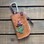 L字ファスナーのスマートキーケース　カラビナつき　本革ヌメ革レザー　小銭入れコインケースにも　サボちゃん