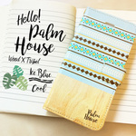 【カメラホール付】iPhone/Android 名入れ♪ ネイティブ柄ウッド★TRIBAL WOOD アイスブルー 手帳型ケース