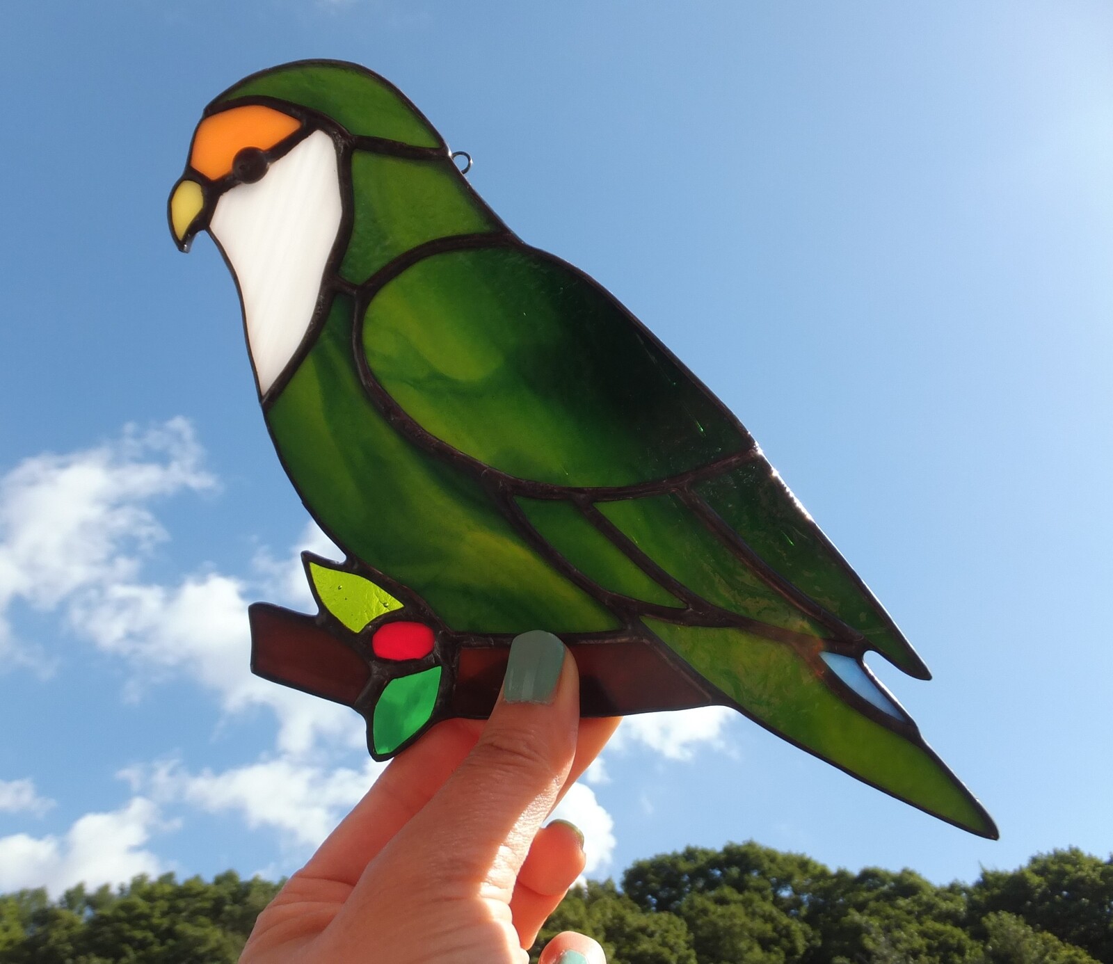 f306-39 ステンドグラスパネル　オウム　インコ オウムパネル ステンドグラス 細長パネル コンゴウインコ 鳥