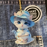 上品な白サバトラ猫ちゃんブルーハット＆ティーカップバッグチャーム/大きめアクリル両面プリントチャーム/バッグチャーム/キーホルダー/RUBEN/検索