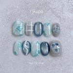 ニュアンス　マグネット　ブルーグレー　チェック　ぷっくり　大人カジュアル　ネイルチップ 