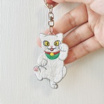 招き猫刺繍キーホルダー【白猫】