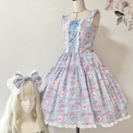 *⋆⸜𝐧𝐞𝐰⸝⋆*ストロベリーリボンストライプ柄ジャンパースカート サックス×ピンク ロリィタ ロリータワンピース