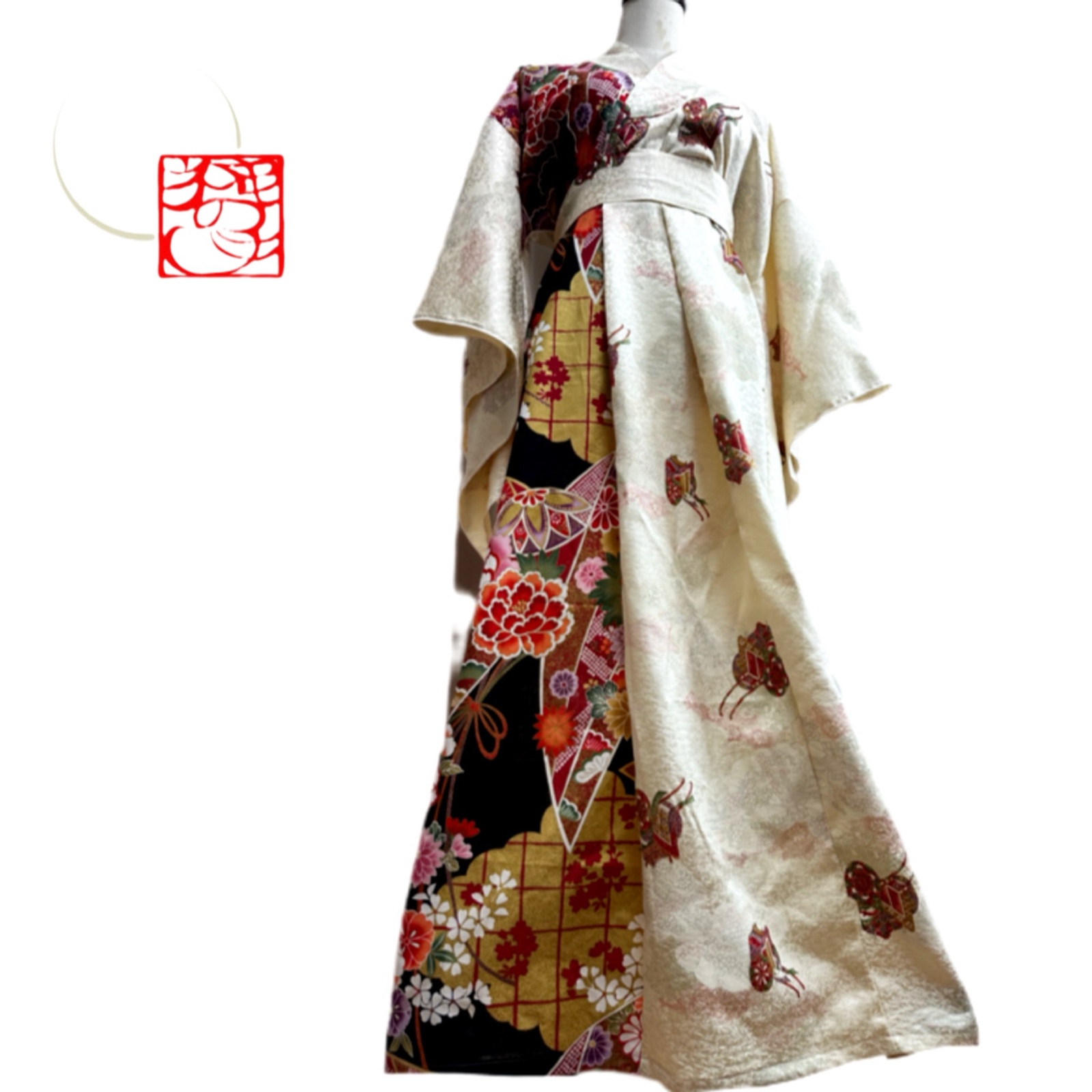 振袖　着物リメイク　ドレス　黒×大輪牡丹　和柄　ワンピース　ハンドメイド 和洋折衷 黒留袖 着物 リメイク ワンピース ドレス ハンドメイド