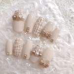 ネイルチップ ベージュ ブラウン ツイード リボン ガーリー