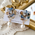 推し活にも💙青色フラワー　ピアス　イヤリング　金属アレルギー対応　コットンパール　ゆらゆらチャーム　青ブラウン