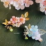 小さめヘアクリップ【 桜舞 】 handmade 和風 着物 和服 浴衣 ドロップ ガラス さくら 花 フラワー バレッタ ヘアピン かんざし