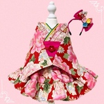 再販🙇‍♀️送料無料☆彡なんちゃって着物袖風ツーピース赤〜猫のワンピース犬のツーピース