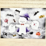 🎃透明水彩画「しろくまちゃんのハロウィン」イラスト　ポストカード　２枚セット シロクマ　熊　コウモリ　オバケ　秋 カボチャ　北欧　モノトーン　メッセージカード