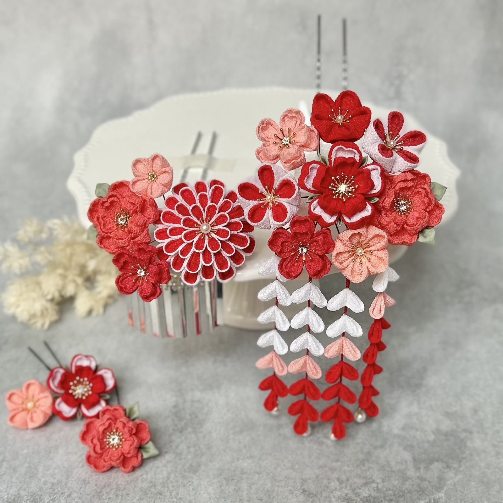 七五三（7歳さん以上向け）桜かんざしセット つまみ細工 ピンク