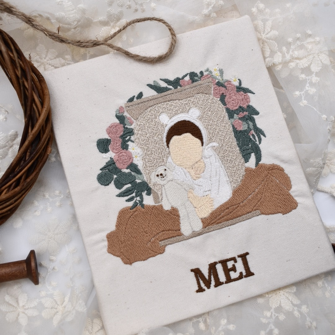 【ようこママ様オーダー専用ページ】リネン刺繍　ボートポーチ 思い出写真×刺繍ポーチ】オーダーメイド刺繍巾着ポーチ 写真刺繍ポーチ