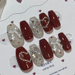 【1番人気】ボルドーネイル l 赤ネイル l 赤ネイルチップ lハートネイル l リボンネイル l 秋ネイル l バレンタインネイル l 卒業式ネイル