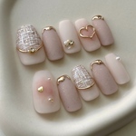 ふわふわマシュマロ𓂃 🧁ツイード　ハート　ブライダル　成人式　ネイルチップ　結婚式　卒業式　秋ネイル　冬ネイル　フレンチ　宝石